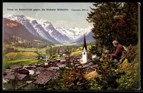 AK Trins im Gschnitztal, Panorama mit Dorf, Kirche und Blick zu den Stubaier Gletschern
