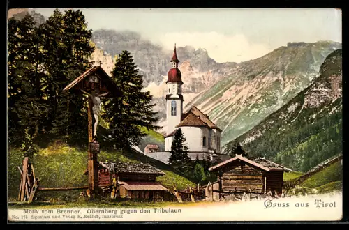 AK Obernberg /Tirol, Kirche mit Gehöften, Blick zum Tribulaun