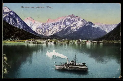 AK Pertisau am Achensee, Dampfschiff, Ortsansicht mit Bergpanorama