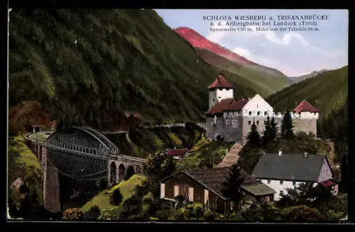 AK Landeck /Tirol, Schloss Wiesberg und Trisannabrücke, Arlbergbahn