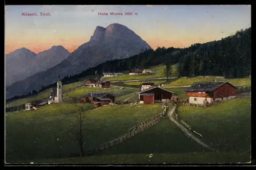 AK Mösern /Tirol, Hohe Munde, Dorf mit Kirche und Gehöften
