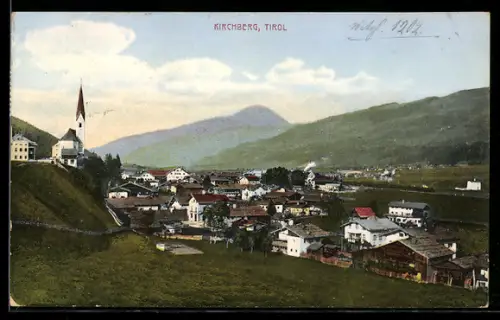 AK Kirchberg /Tirol, Dorfpanorama mit Kirche und Bergkulisse
