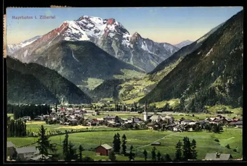 AK Mayrhofen i. Zillertal, Panorama mit Ort, Kirche und Bergkulisse