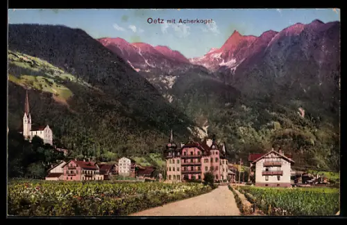 AK Oetz mit Acherkogel, Panorama mit Hotel und Kirche