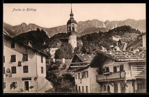AK Hötting, Partie mit Kirchturm und Gebirgspanorama
