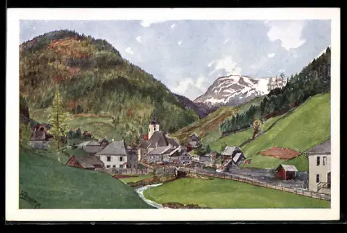 Künstler-AK Turrach, Ortsansicht mit Kirche und Gebirgspanorama