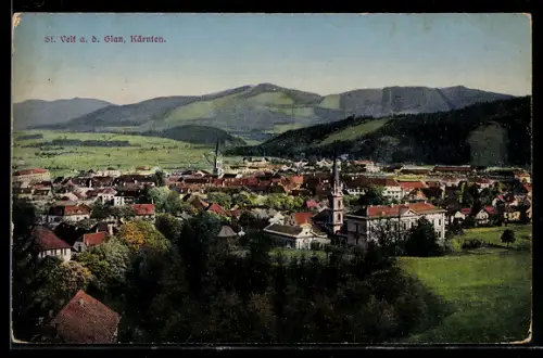 AK St. Veit a. d. Glan, Panorama mit Kirchen und Gebirgszug
