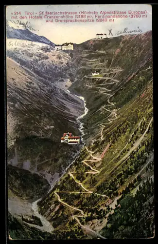 AK Stilfserjochstrasse /Tirol, Alpenstrasse mit Serpentinen und Hotels Franzenshöhe und Ferdinandshöhe