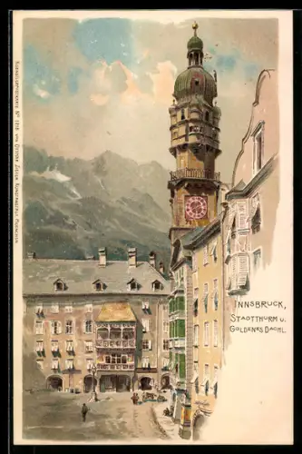 Lithographie Innsbruck, Stadtturm und Goldenes Dachl