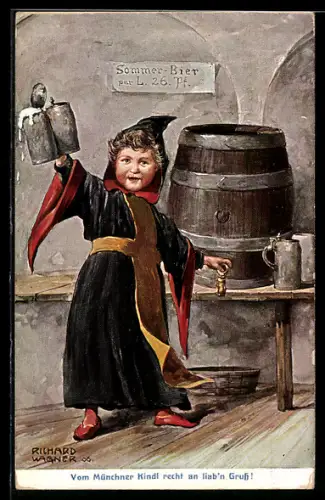 Künstler-AK Richard Wagner: Münchner Kindl mit Bierkrügen am Fass