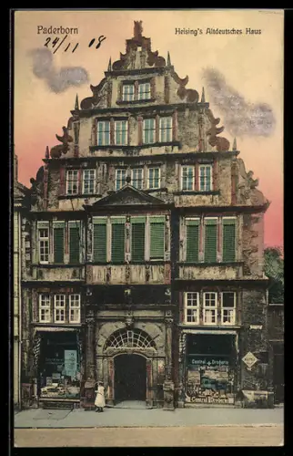 AK Paderborn, Helsing`s Altdeutsches Haus in der Aussenansicht mit Drogerie