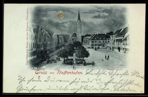 Mondschein-AK Pfaffenhofen, Partie am Marktplatz mit Kirche