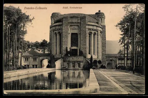 AK Dresden-Tolkewitz, Städt. Krematorium mit Wasserbecken