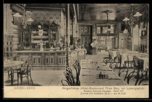 AK Heidelberg / Neckar, Bürgerliches Hotel-Restaurant Prinz Max, Am Ludwigsplatz, Innenansicht