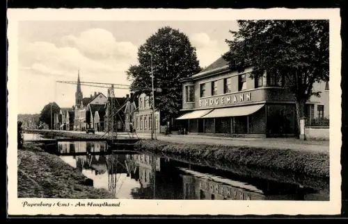 AK Papenburg /Ems, Partie am Hauptkanal, Geschäft B. Högemann