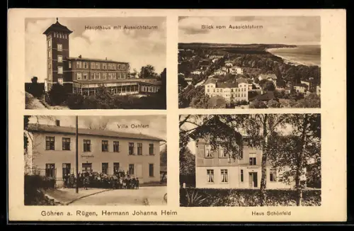 AK Göhren a. Rügen, Hermann Johanna-Heim, Haupthaus mit Aussichtsturm, Haus Schönfeld, Villa Oehlert