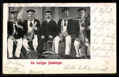 AK Die lustigen Hamburger mit diversen Instrumenten, Musiker