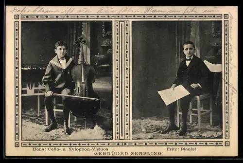 AK Musiker Gebrüder Serfling, Hans und Fritz mit Cello und Piano