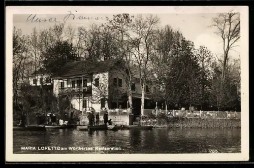 AK Maria Loretto am Wörthersee, Gasthaus-Pension vom Wasser aus, Boote