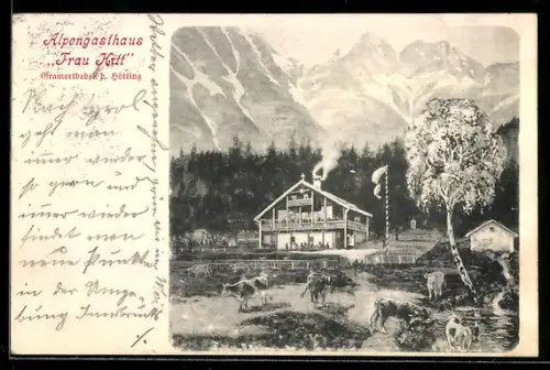 Künstler-AK Innsbruck, Gramartboden, Alpengasthaus Frau Hitt F. Schindl, Kühe, Bergpanorama