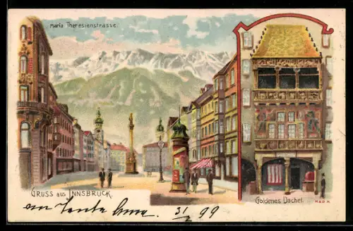 Künstler-AK Innsbruck, Maria-Theresienstrasse mit Goldenem Dachl
