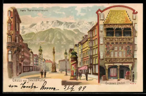 Künstler-AK Innsbruck, Maria Theresienstrasse, Goldenes Dachl