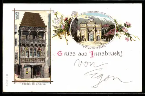 Lithographie Innsbruck, Goldenes Dachl, Triumphpforte