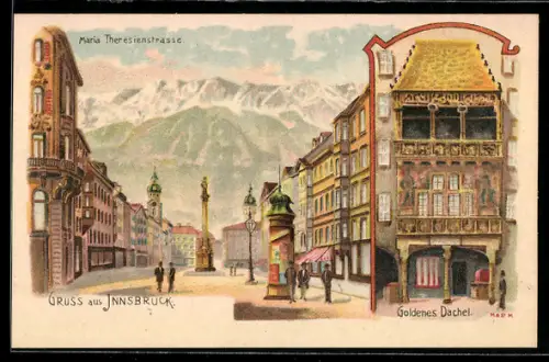 Künstler-AK Innsbruck, Maria-Theresien-Strasse u. Goldenes Dachl