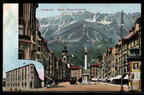 AK Innsbruck, Maria-Theresienstrasse mit Säule, Bergpanorama u. Strassenbahn, Gebäudeansicht
