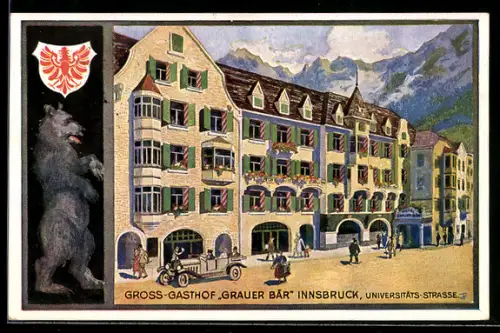 Künstler-AK Innsbruck, Gross-Gasthof Grauer Bär, Universitätsstrasse, Bär, Wappen