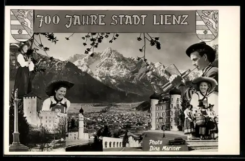 AK Lienz, Ortspanorama mit Schloss und Kirche, Trachten, Trompeter, Wappen, 700 Jahre Stadt Lienz