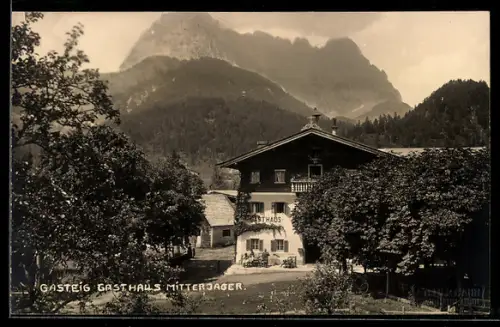 AK Kirchdorf in Tirol, Gasteig, Gasthaus Mitterjäger mit Bergpanorama