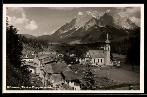 AK Biberwier /Tirol, Dorfansicht mit Kirche und Zugspitzmassiv