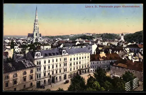 AK Linz a. D., Promenade gegen Klammstrasse, Im Hintergrund Kirche