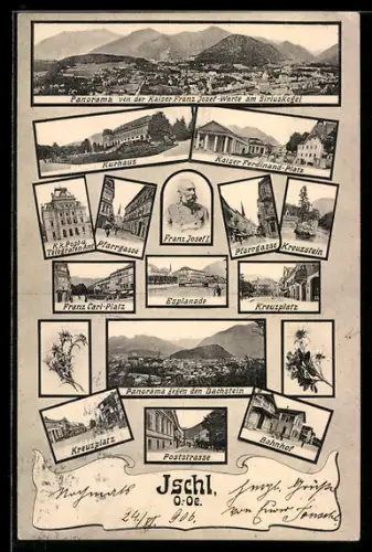 AK Ischl /O.-Oe., Panorama, Kurhaus, Bahnhof, Esplanade, Poststrasse, Kreuzplatz, Pfarrgasse, k.k. Telegrafen-Amt