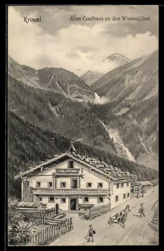 Künstler-AK Krimml, Altes Gasthaus zu den Wasserfällen
