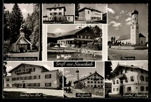 AK Sauerlach, Pfarrkirche, Gasthof zur Post, Bahnhof