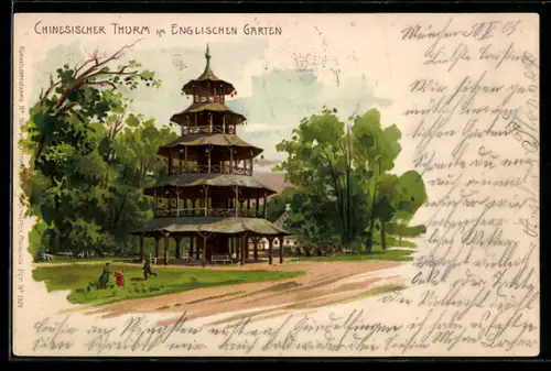 Lithographie München-Schwabing, Chinesischer Turm im Englischen Garten