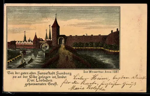 Lithographie Hamburg, Winserthor anno 1587, Elbansicht