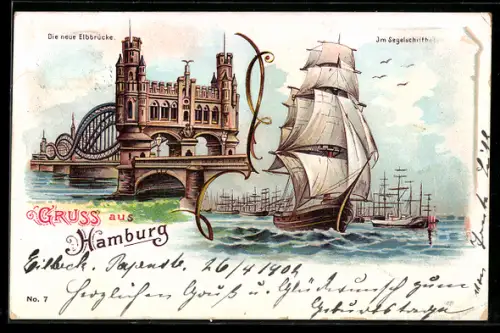 Lithographie Hamburg-Rothenburgsort, Neue Elbbrücke, Segelschiffhafen