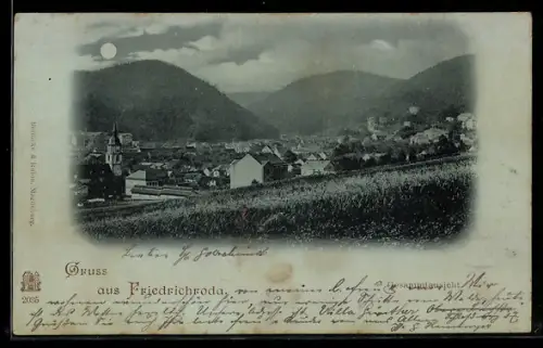 Mondschein-AK Friedrichroda, Ortsansicht mit Kirche und umliegenden Bergen