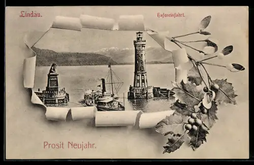 AK Lindau, Hafeneinfahrt, Leuchtturm, Löwe, Dampfschiff, Neujahrsgruss