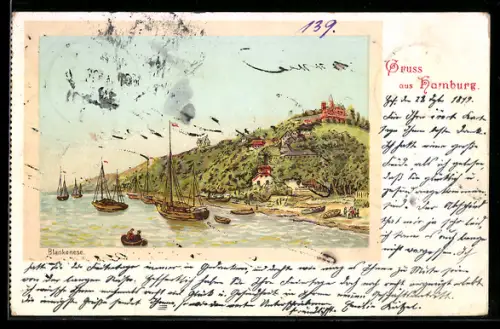 Lithographie Hamburg-Blankenese, Elbhänge, Segelboote, Uferansicht
