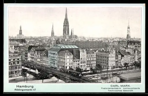 AK Hamburg, Carl Marx Treibriemenfabrik, Rödingsmarkt 47, Geschäftshaus und Stadtpanorama aus der Vogelschau