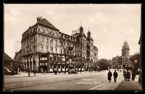 AK Plauen i. V., Kaffeehaus Trömel, Turmgebäude, Panorama