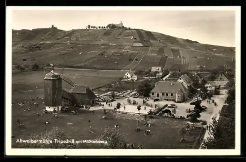 AK Tripsdrill, Gasthaus Altweibermühle K. Fischer mit Michaelsberg aus der Vogelschau