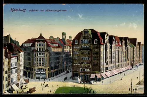 AK Hamburg, Spitäler und Mönckebergstrasse aus der Vogelschau