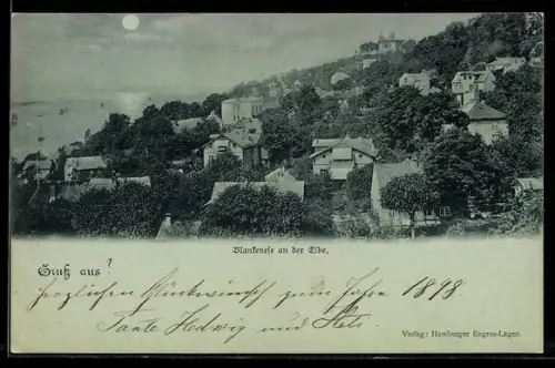 Mondschein-AK Hamburg-Blankenese, Ortsansicht mit Elbblick und Villen