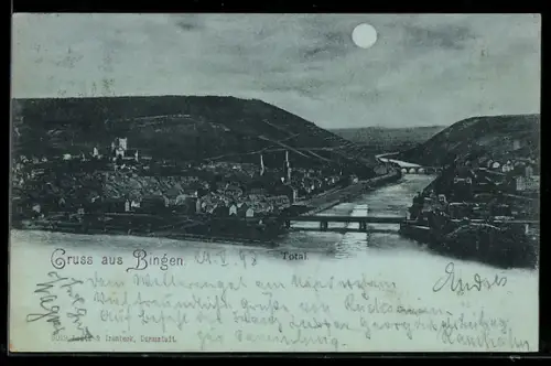 Mondschein-AK Bingen, Totalansicht bei Nacht