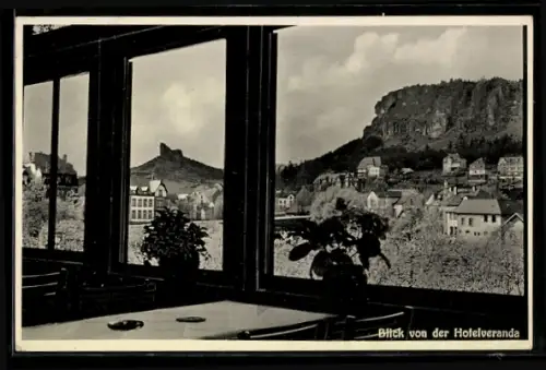 AK Gerolstein /Eifel, Hotel Kaiserhof, Blick von der Hotelveranda auf Ort u. Gebirge